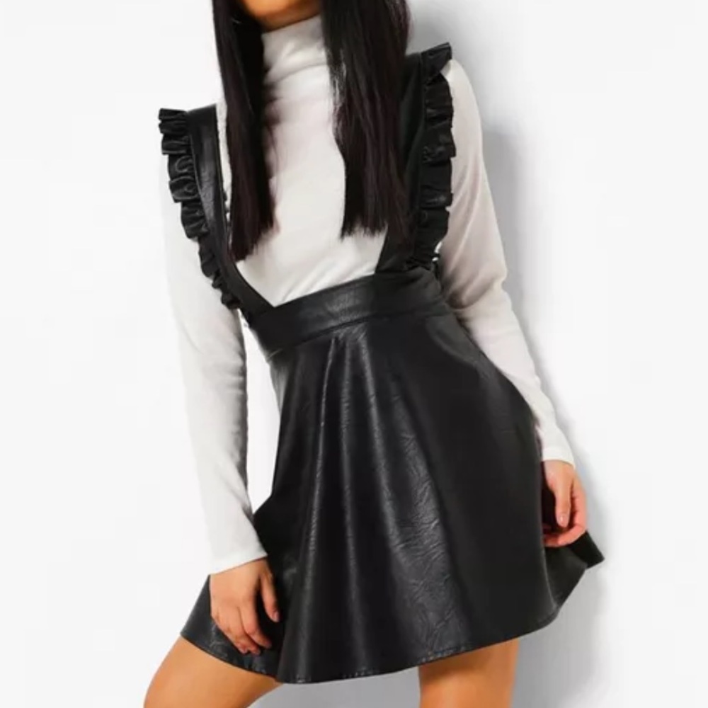 Btween Black Ruffled Pinafore Faux Leather Skirt - Size 8